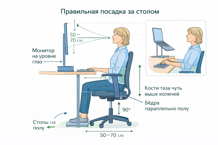 Как снизить нагрузку на шею и спину. Правильная посадка за столом