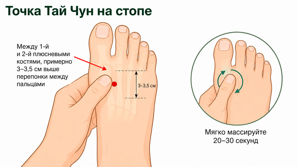 картинка выполнения массажа точки тай чун на стопе